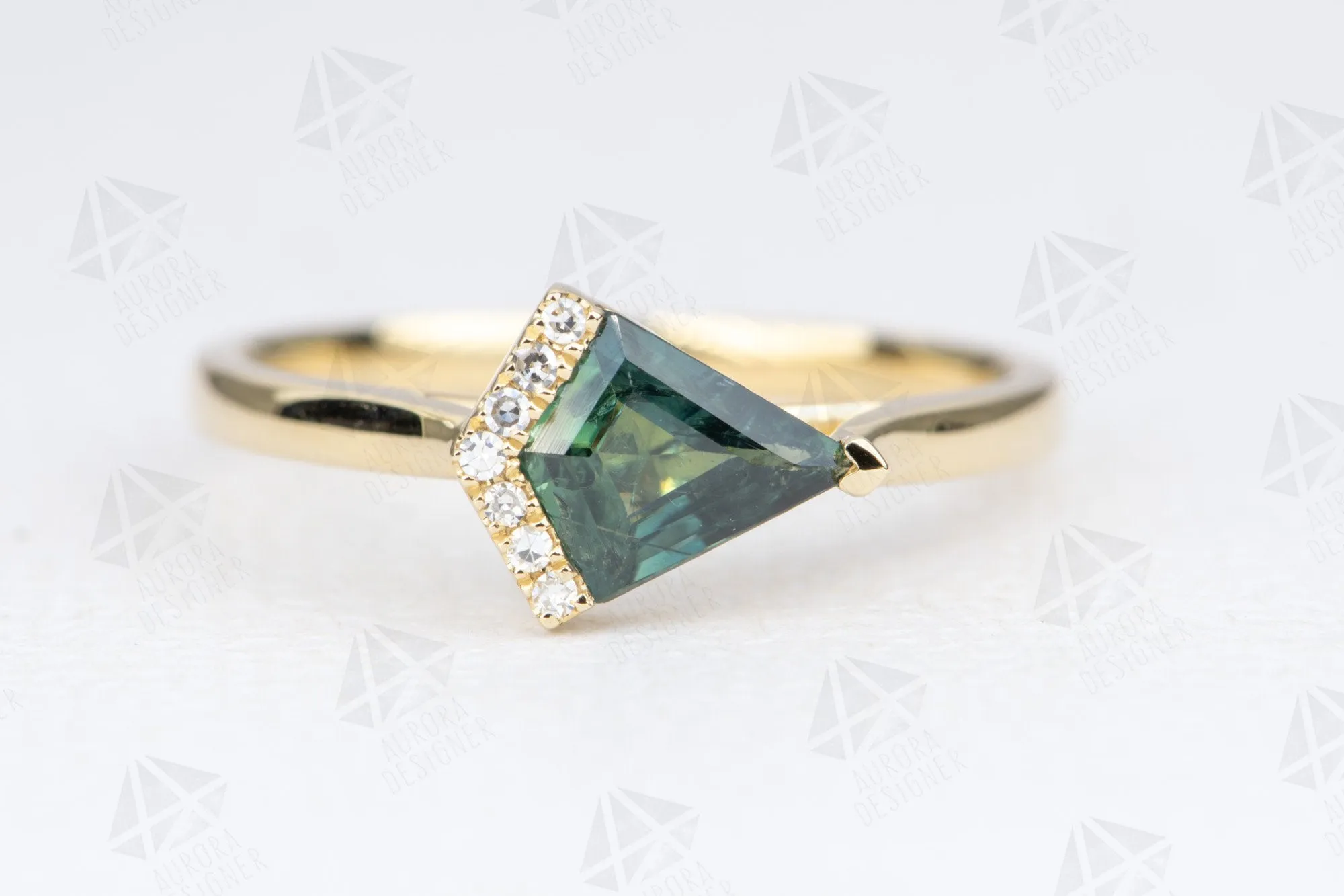 Kite Shape Sapphire Sideways Diamond Half Halo Engagement Ring 14K Yellow Gold Unique OOAK AD2014