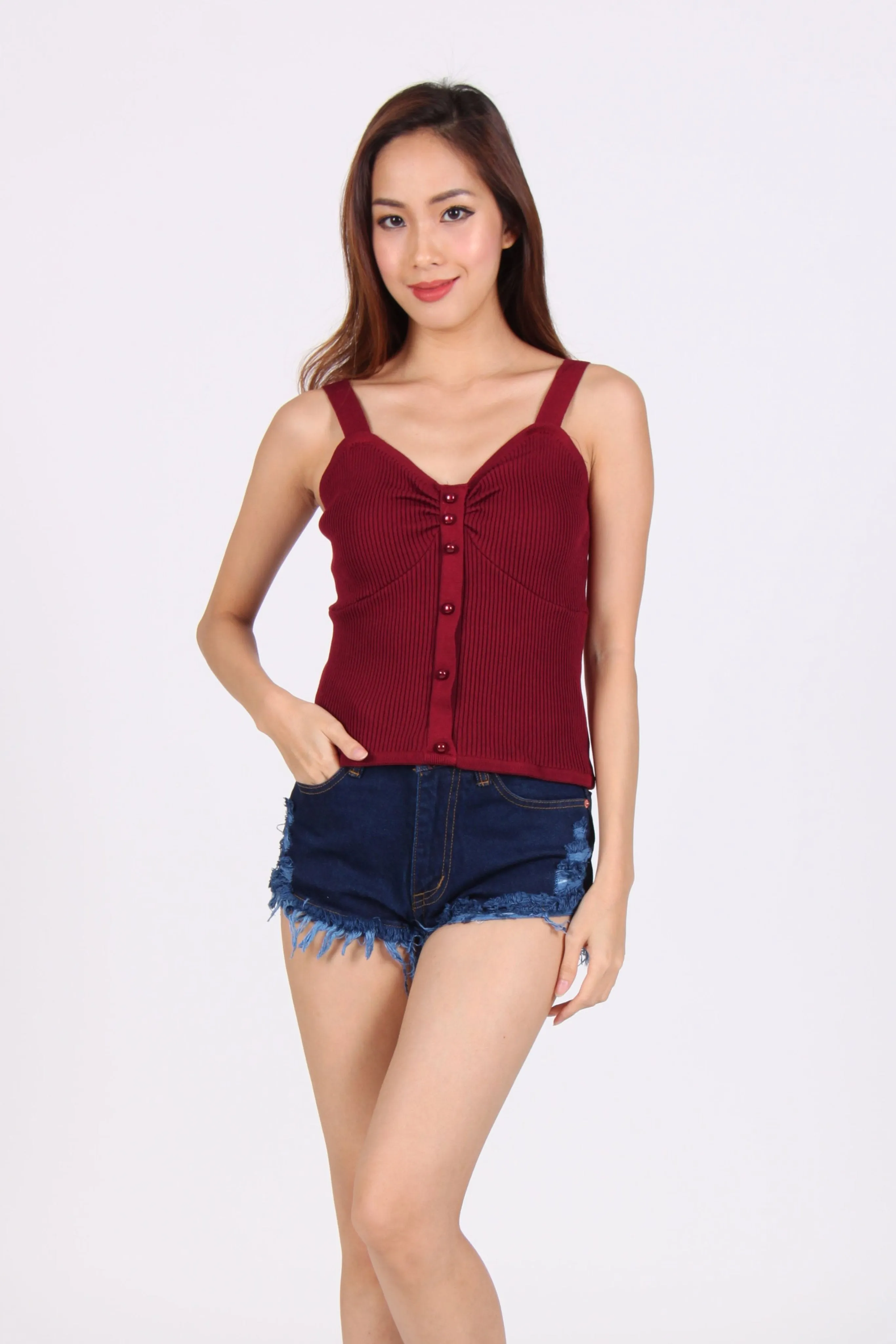 Knit Sweet Heart Spag Top in Maroon