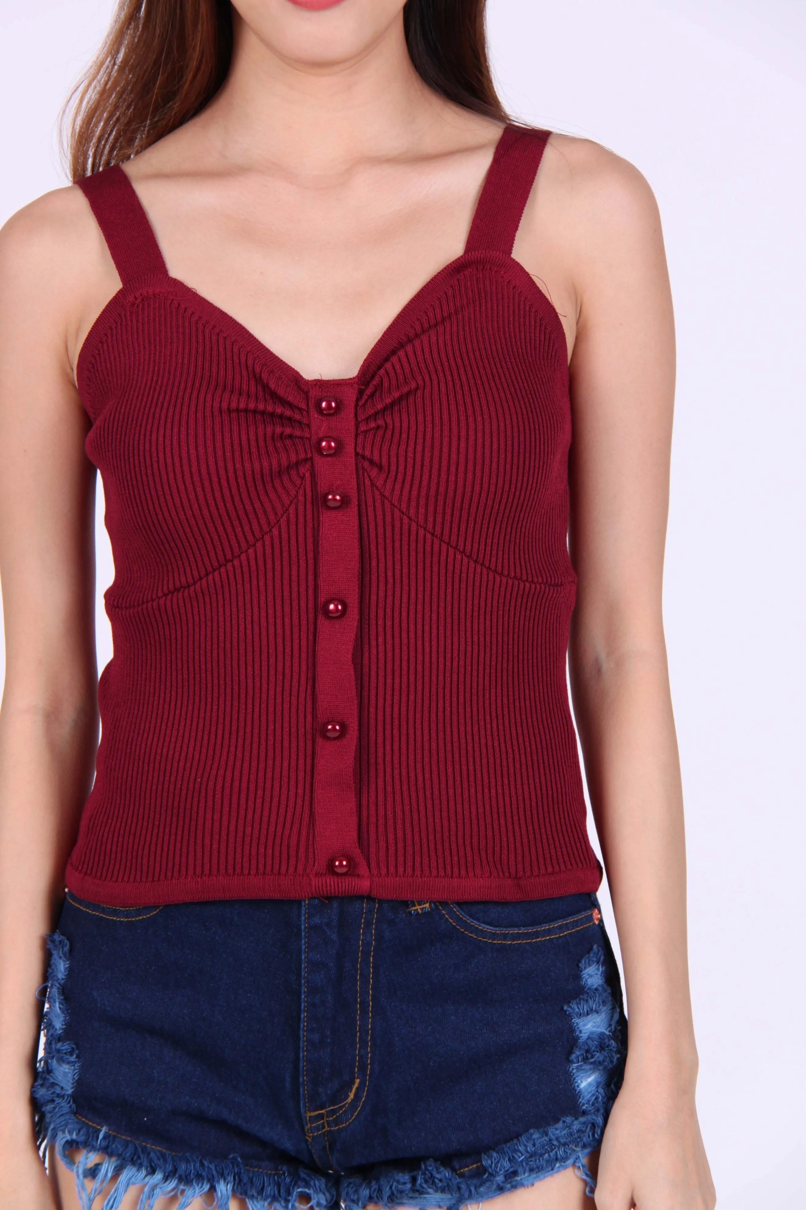 Knit Sweet Heart Spag Top in Maroon