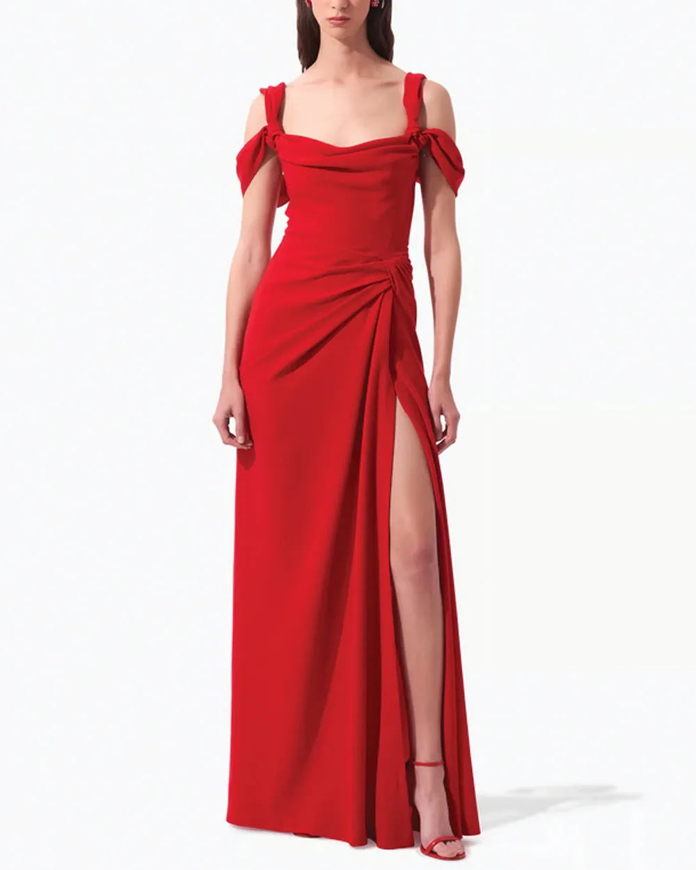 Lacquer Red Off The Shoulder Drape Gown