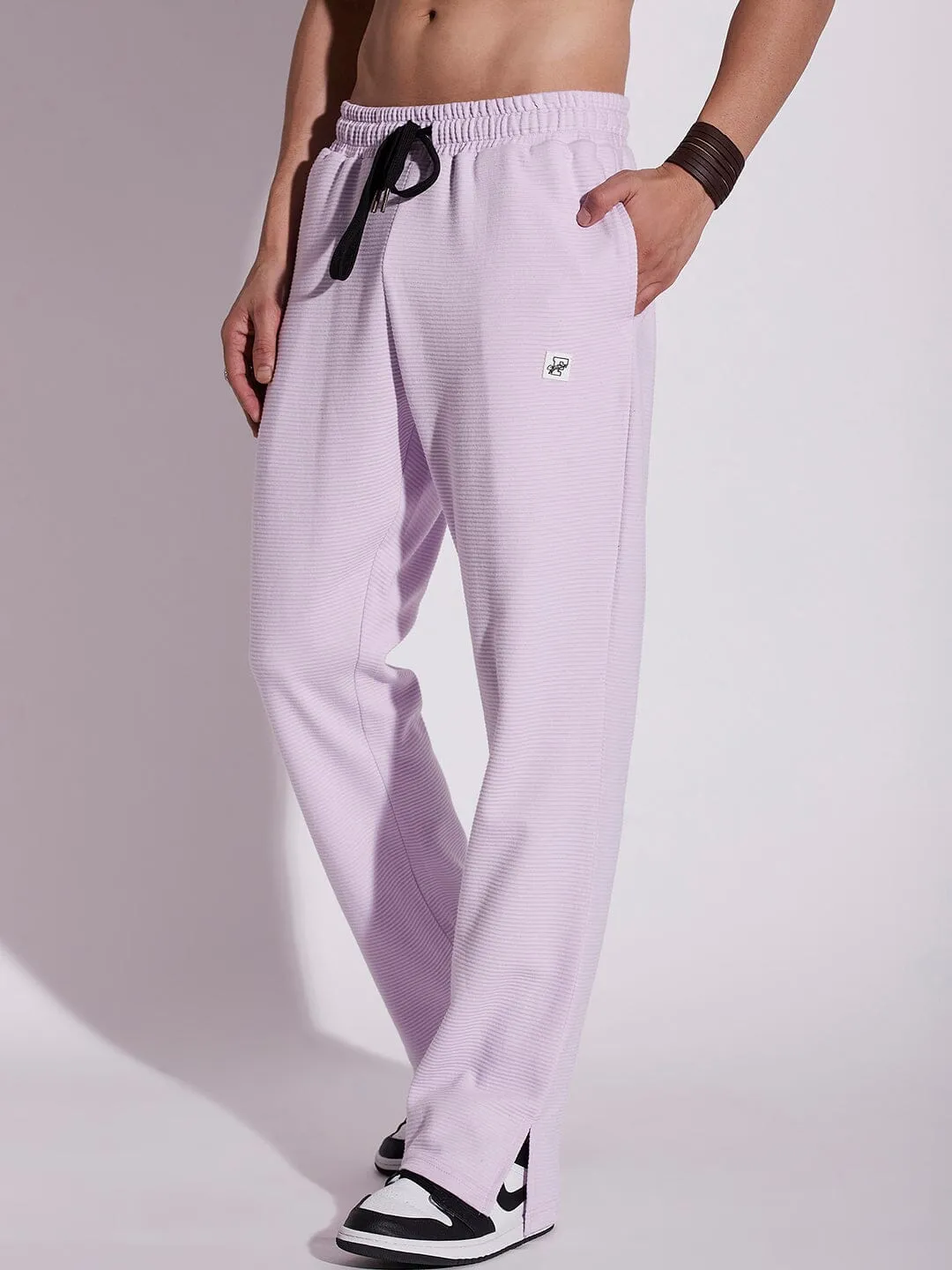 Lavender Textured Relaxed Fit Boot-Cut Pant