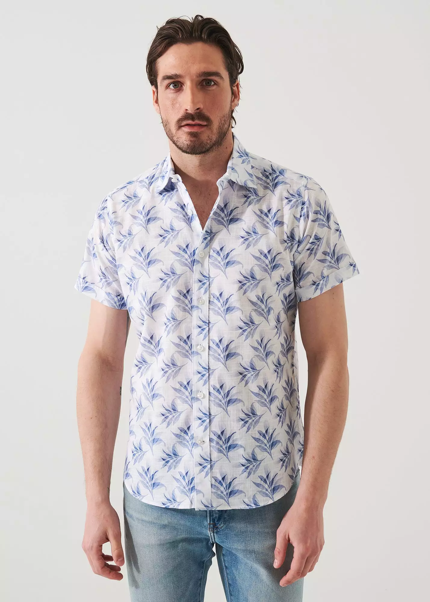 LEAF PRINT COTTON SHORT SLEEVE SHIRT