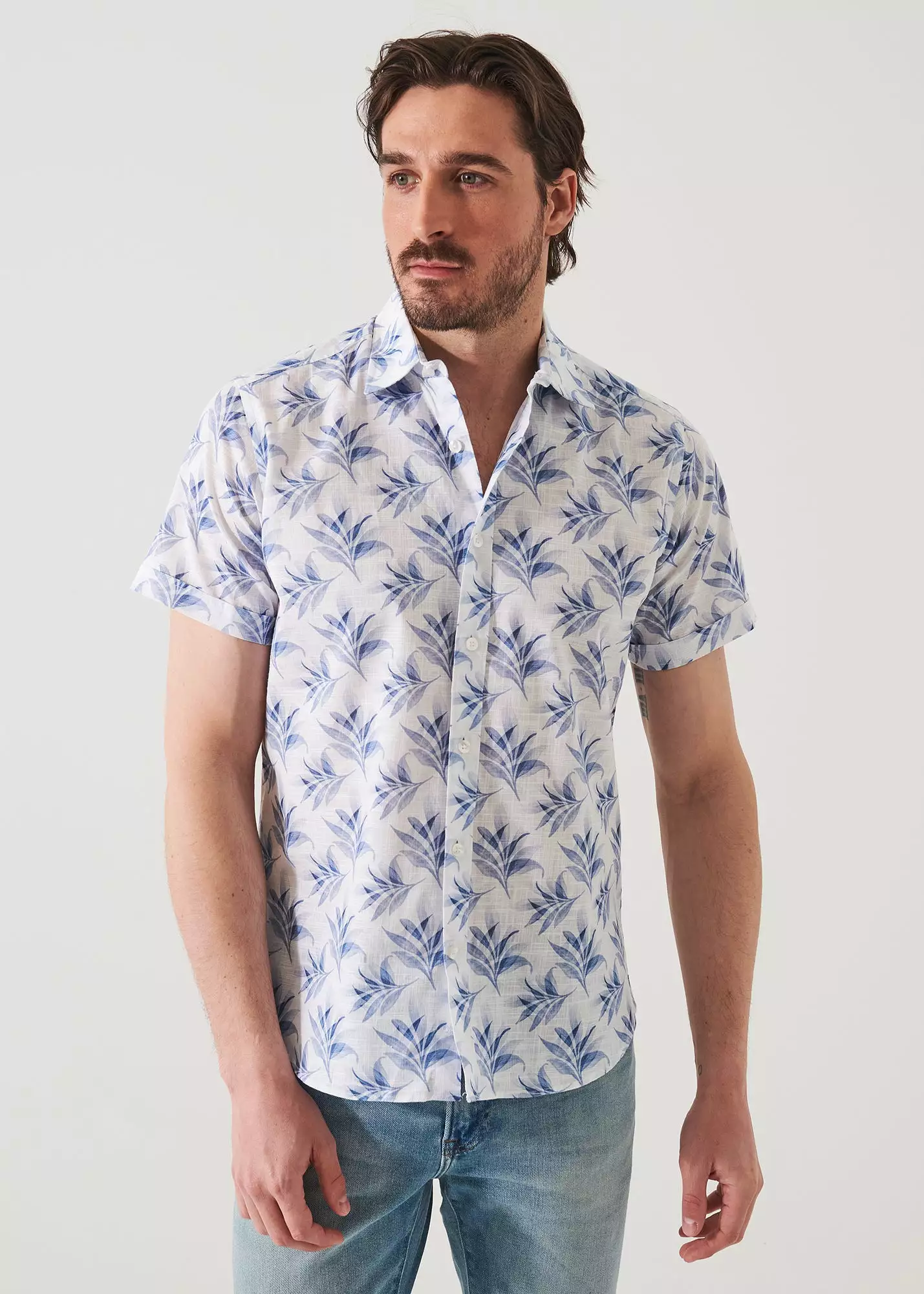 LEAF PRINT COTTON SHORT SLEEVE SHIRT