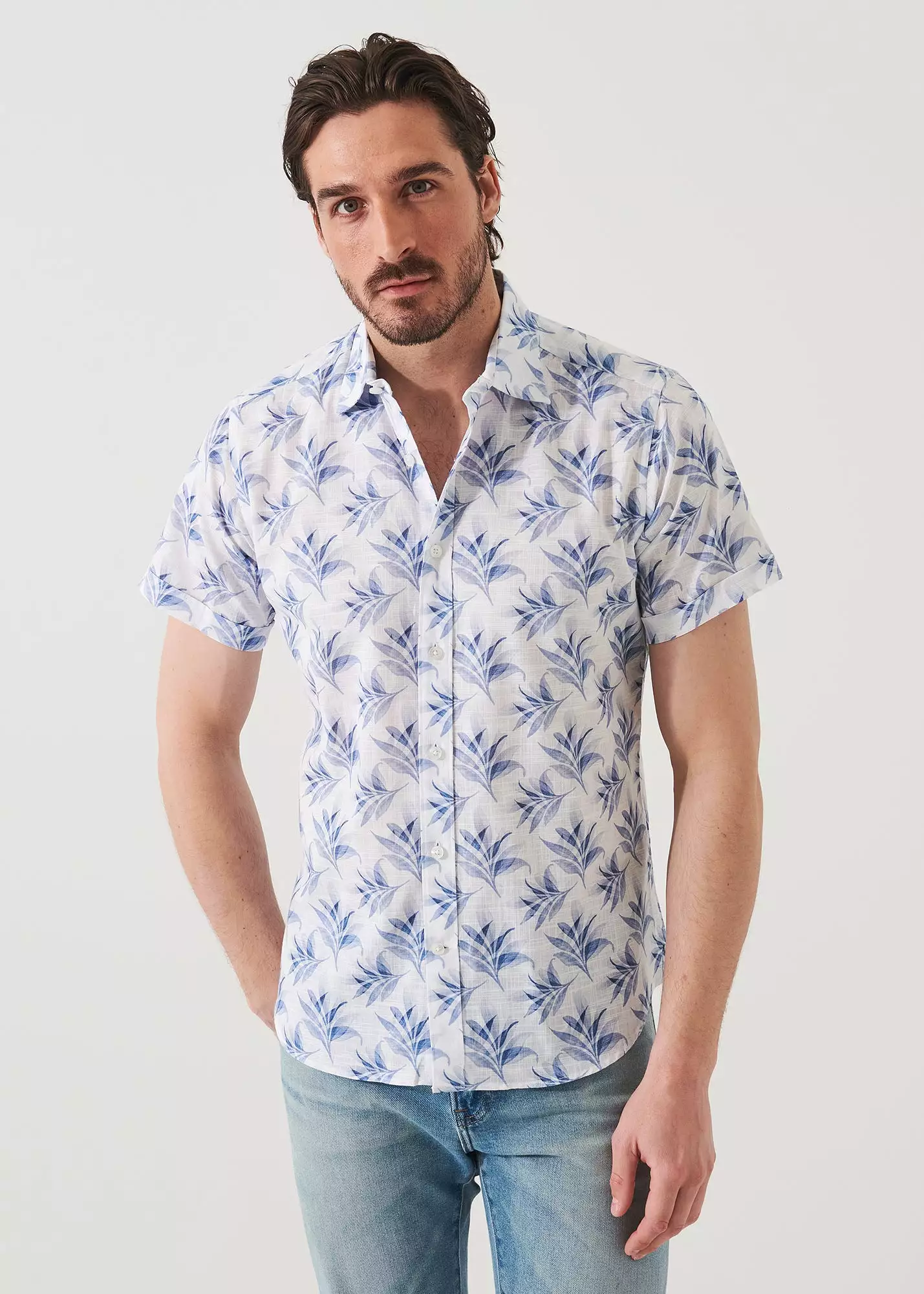 LEAF PRINT COTTON SHORT SLEEVE SHIRT