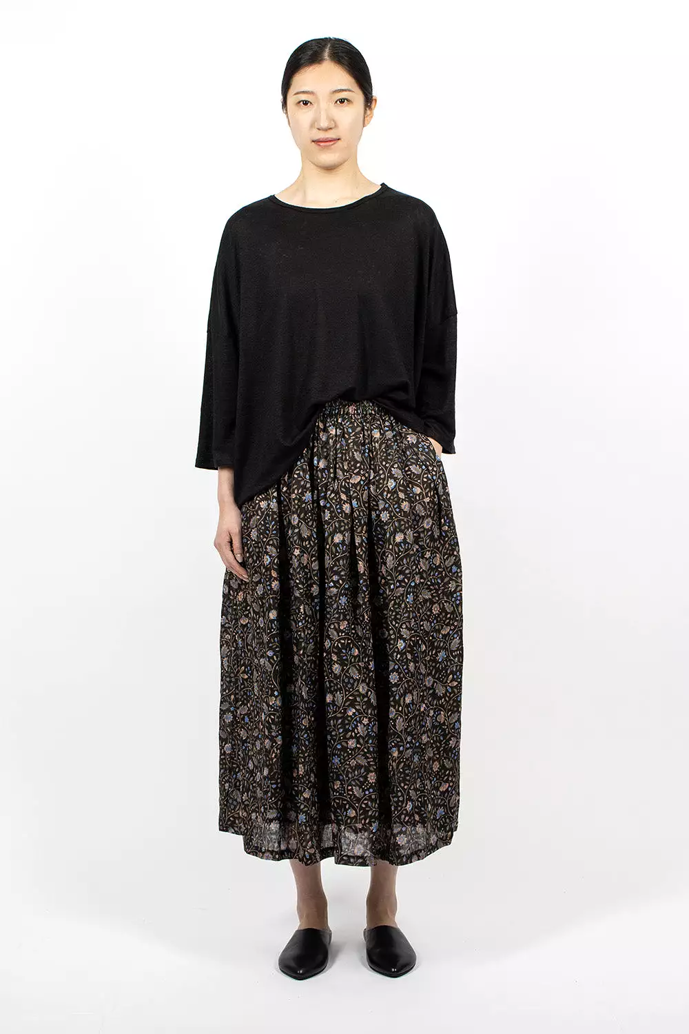 Linen Floral Pattern Skirt Black