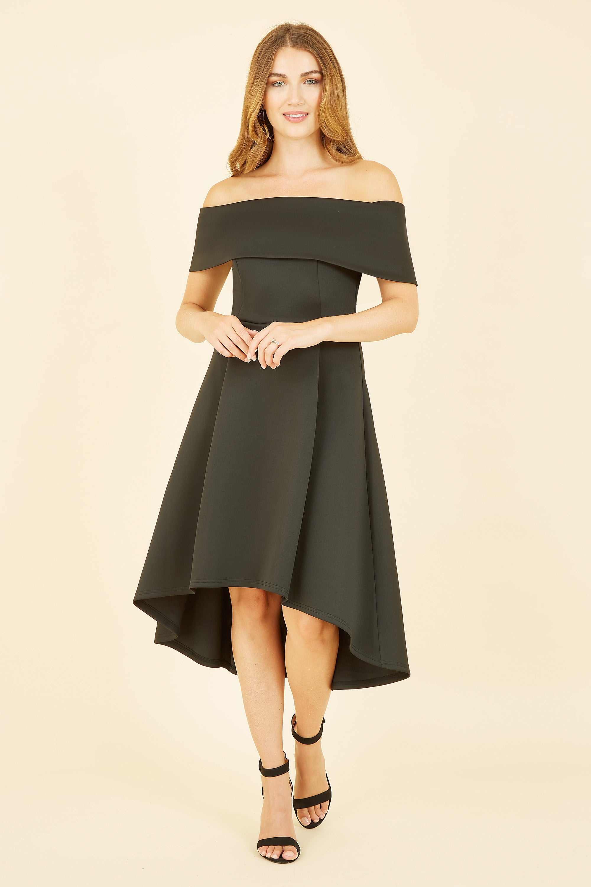 Mela London Black Bardot Dipped Hem Dress