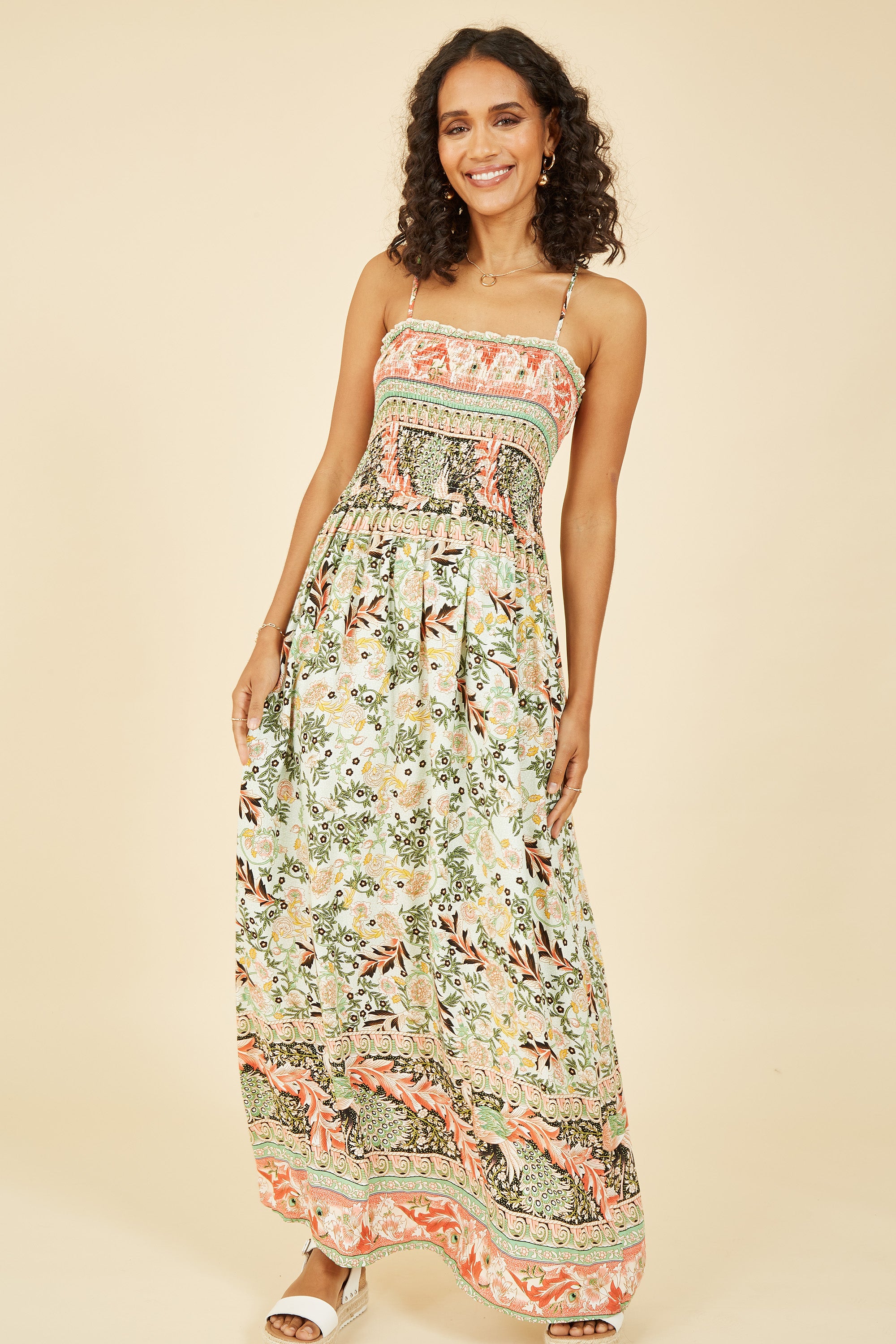 Mela London Green Paisley Shirred Maxi Dress