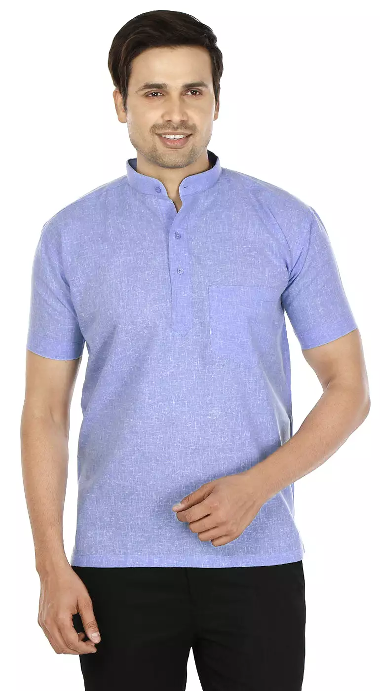 Mens Cotton Short Sleeve Short Kurta Shirt India Clothes (Blue)