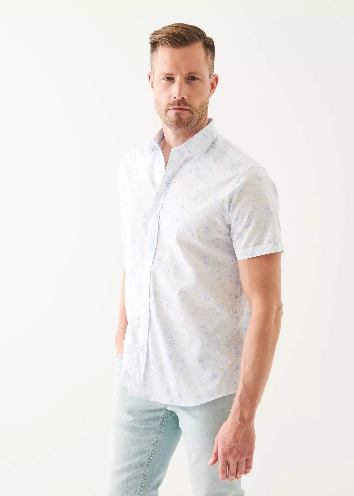 MICRO FLORAL PRINT COTTON SHORT SLEEVE SHIRT