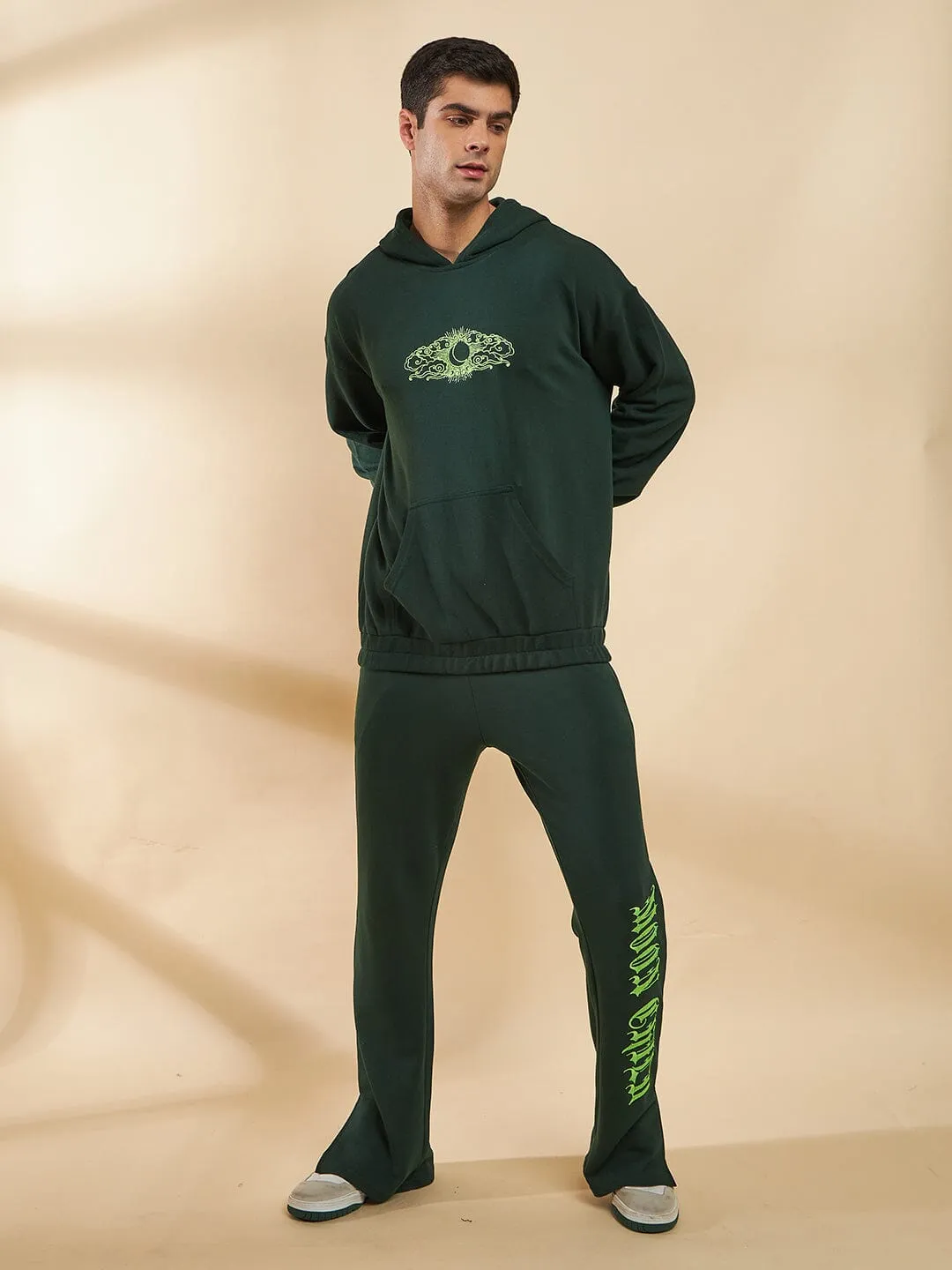 Moss Green Embroidery Panel Oversized Hoodie & Boot Cut Tracksuit