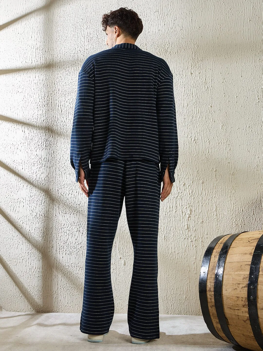 Navy Pinstriped Cuban Shirt and Boot Cut Trackpants Clothing Set