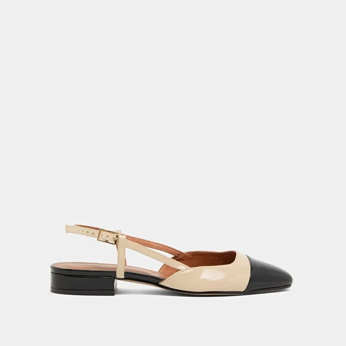 Open back ballet flats in black and beige patent leather