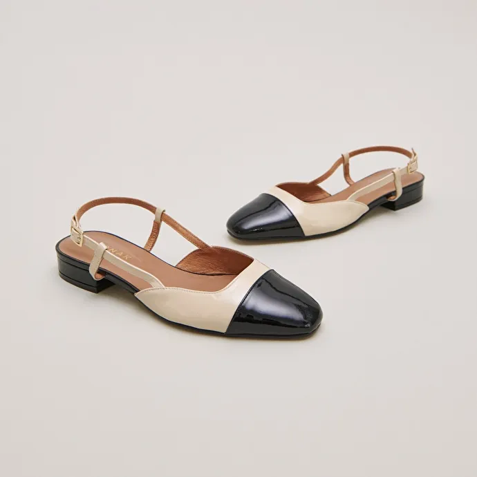 Open back ballet flats in black and beige patent leather