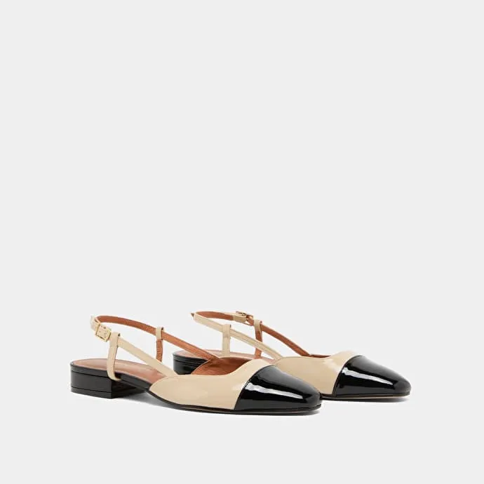 Open back ballet flats in black and beige patent leather