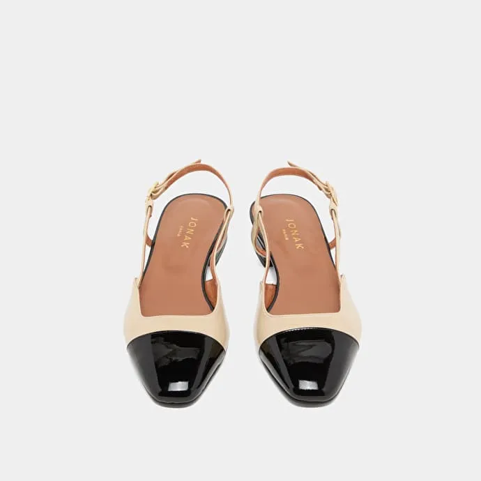 Open back ballet flats in black and beige patent leather