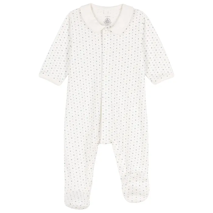 Petit Bateau Baby Collared Pyjamas White With Grey Stars