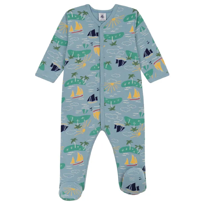 Petit Bateau Baby Pyjamas With Feet Blue With Boat And Island Print