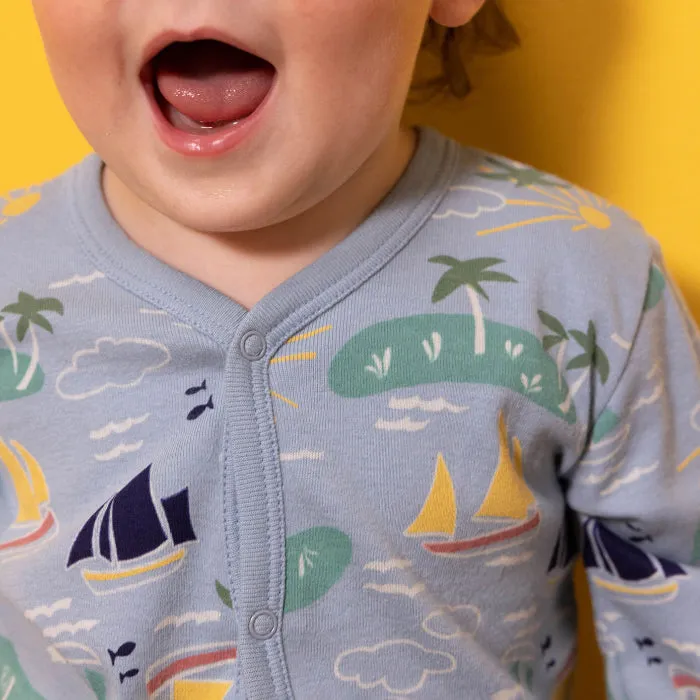 Petit Bateau Baby Pyjamas With Feet Blue With Boat And Island Print