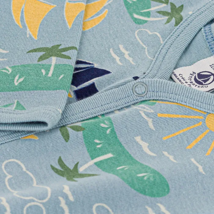 Petit Bateau Baby Pyjamas With Feet Blue With Boat And Island Print