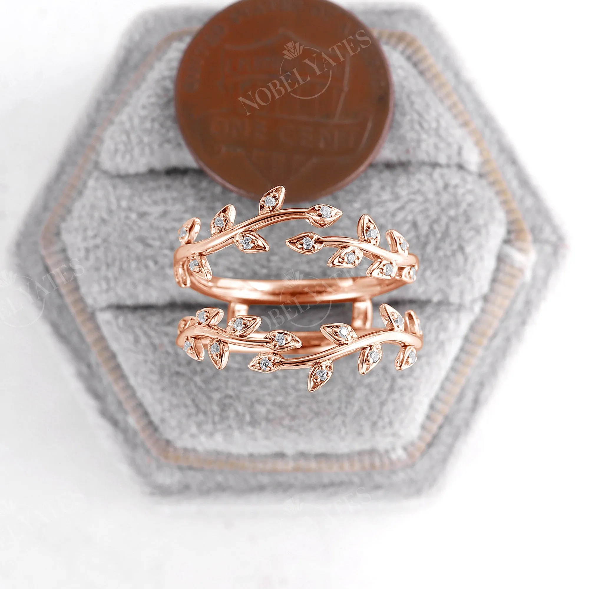 Round Moissanite Nature Inspired Twig Leaf Rose Gold Enhancer Wedding Band