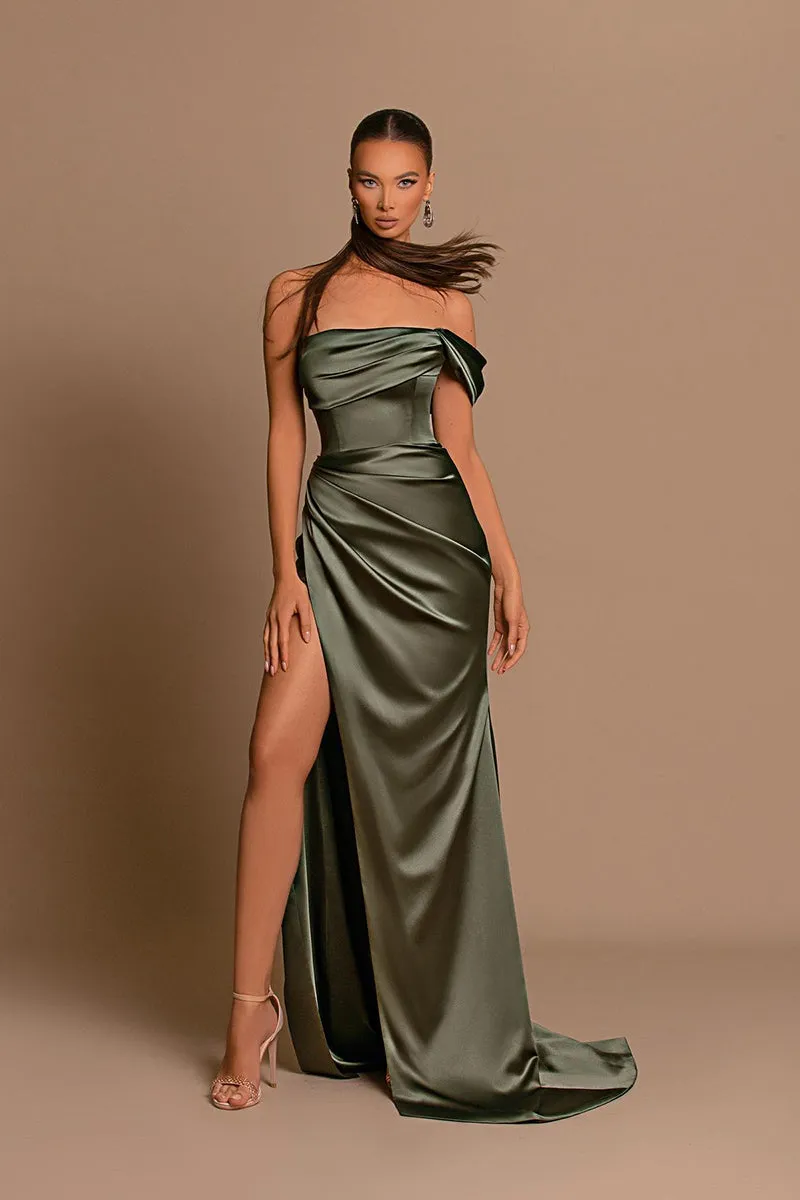 Sheath Off the Shoulder Satin Pleated Side Slit Long Bridesmaid Dress QB3060