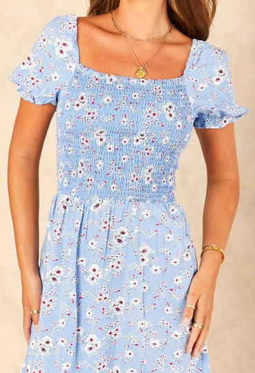 Signage Floral Shearing Details Short Summer Dress - Skyblue