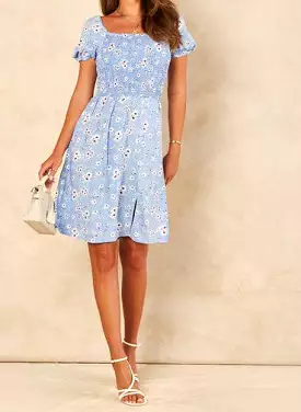 Signage Floral Shearing Details Short Summer Dress - Skyblue