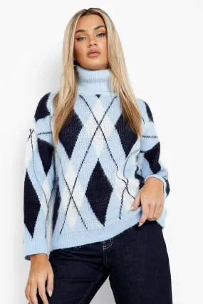 Soft Knit Diamond Flannel Turtleneck Sweater