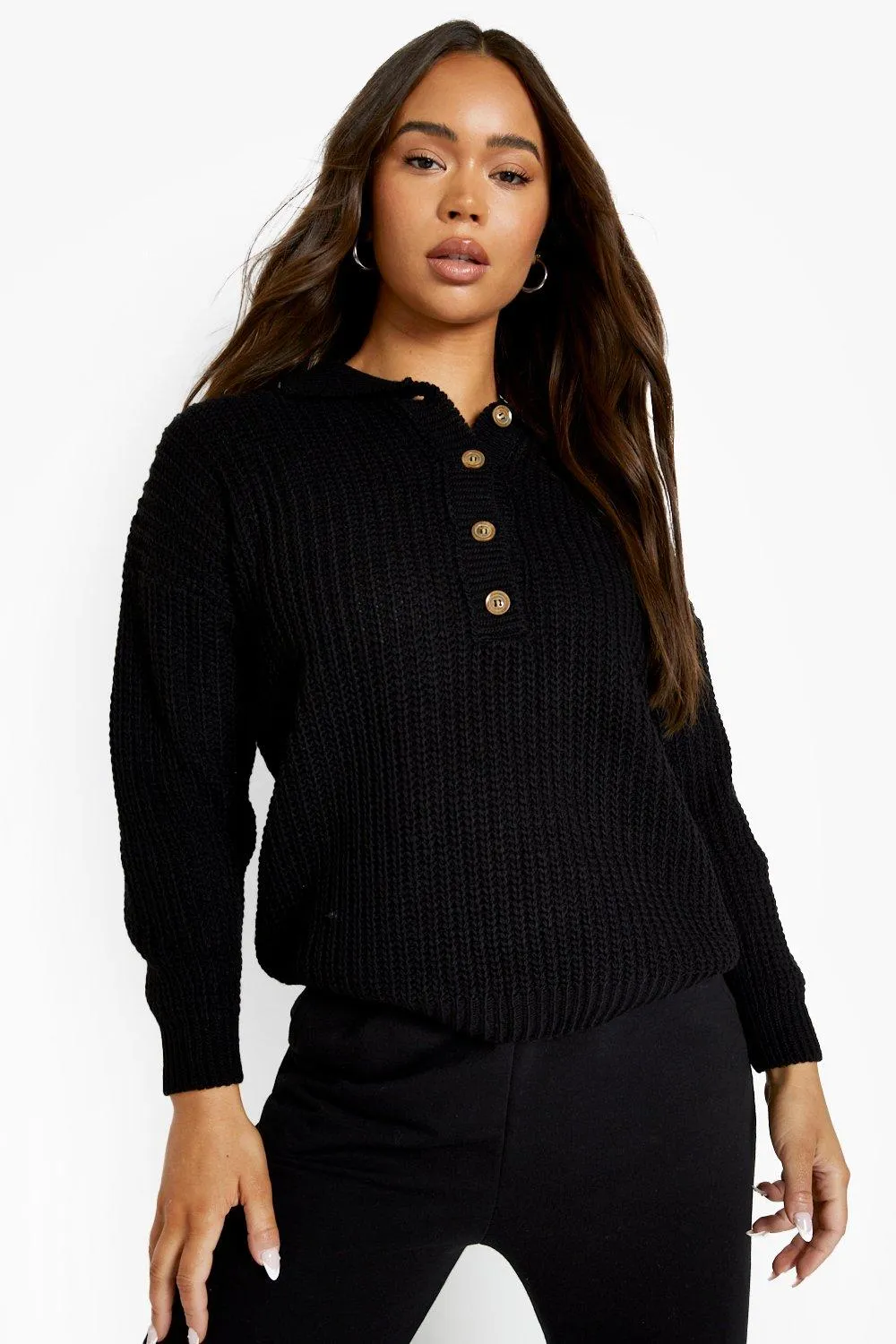 Soft Knit Grandad Collar Rib Sweater