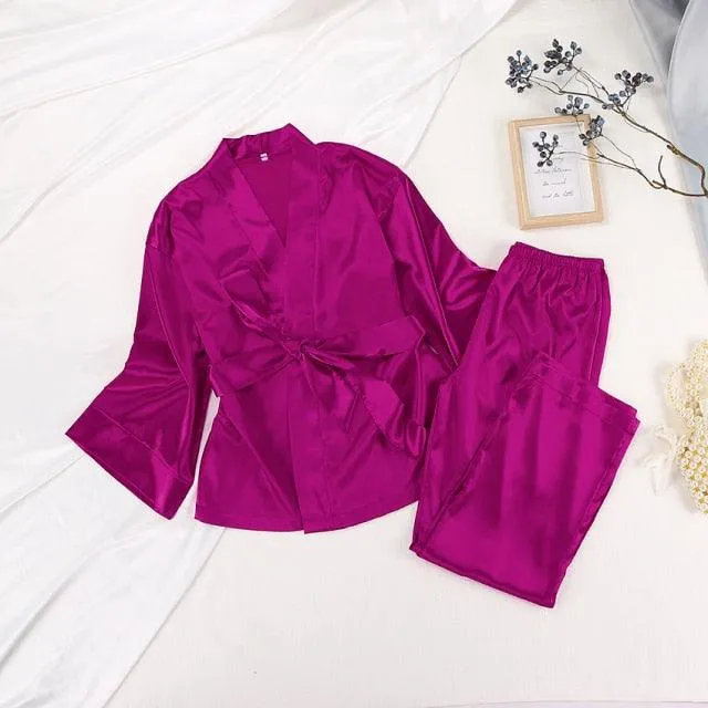 Solid Color Sleepwear Loose Flare Home Pants Three Quarter Sleeve Satin Robe