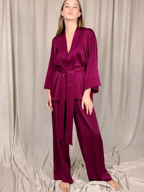 Solid Color Sleepwear Loose Flare Home Pants Three Quarter Sleeve Satin Robe