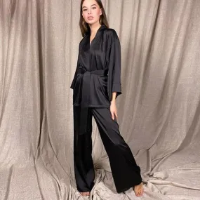 Solid Color Sleepwear Loose Flare Home Pants Three Quarter Sleeve Satin Robe