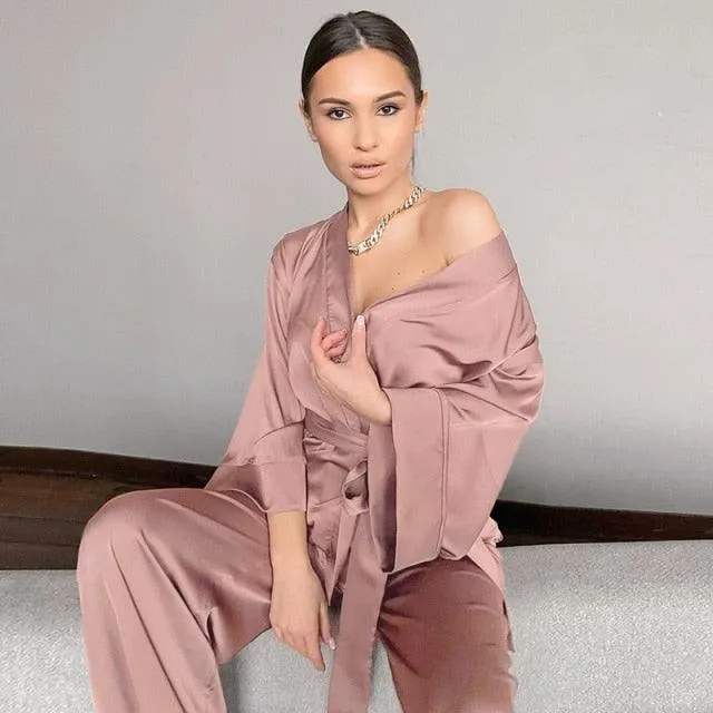 Solid Color Sleepwear Loose Flare Home Pants Three Quarter Sleeve Satin Robe