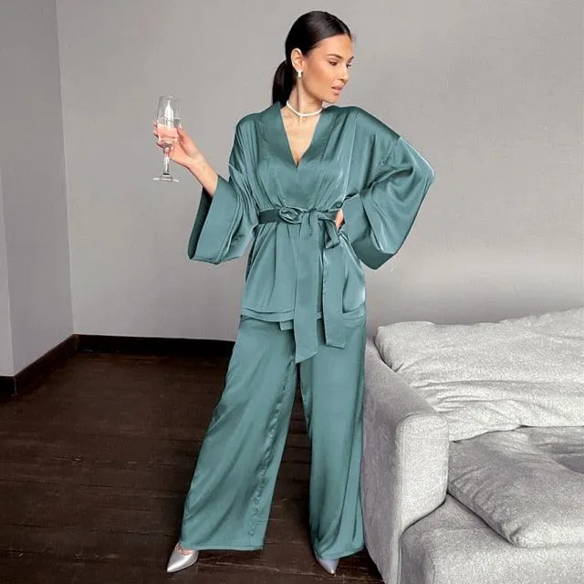 Solid Color Sleepwear Loose Flare Home Pants Three Quarter Sleeve Satin Robe