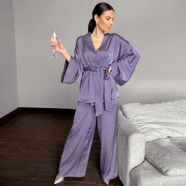 Solid Color Sleepwear Loose Flare Home Pants Three Quarter Sleeve Satin Robe