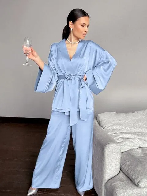 Solid Color Sleepwear Loose Flare Home Pants Three Quarter Sleeve Satin Robe