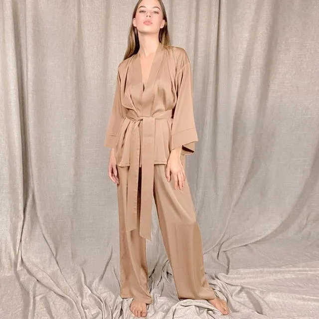 Solid Color Sleepwear Loose Flare Home Pants Three Quarter Sleeve Satin Robe