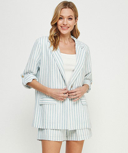 Stripe Linen Blazer - Soft Blue