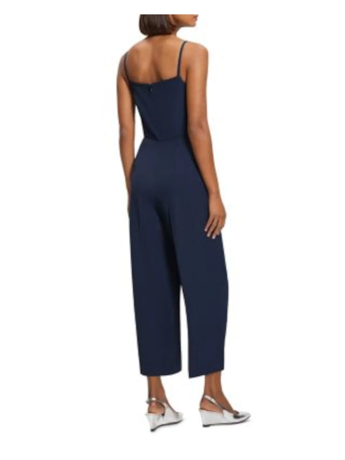 THEORY Womens Navy Zippered Pocketed Spaghetti Strap Square Neck Cropped Jumpsuit