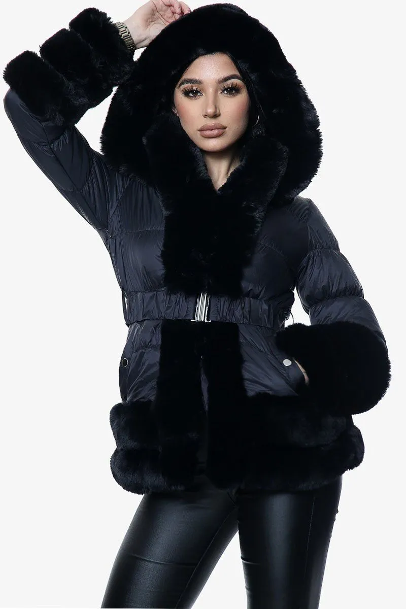 Three Row Fur Trim Black Hooded Coat