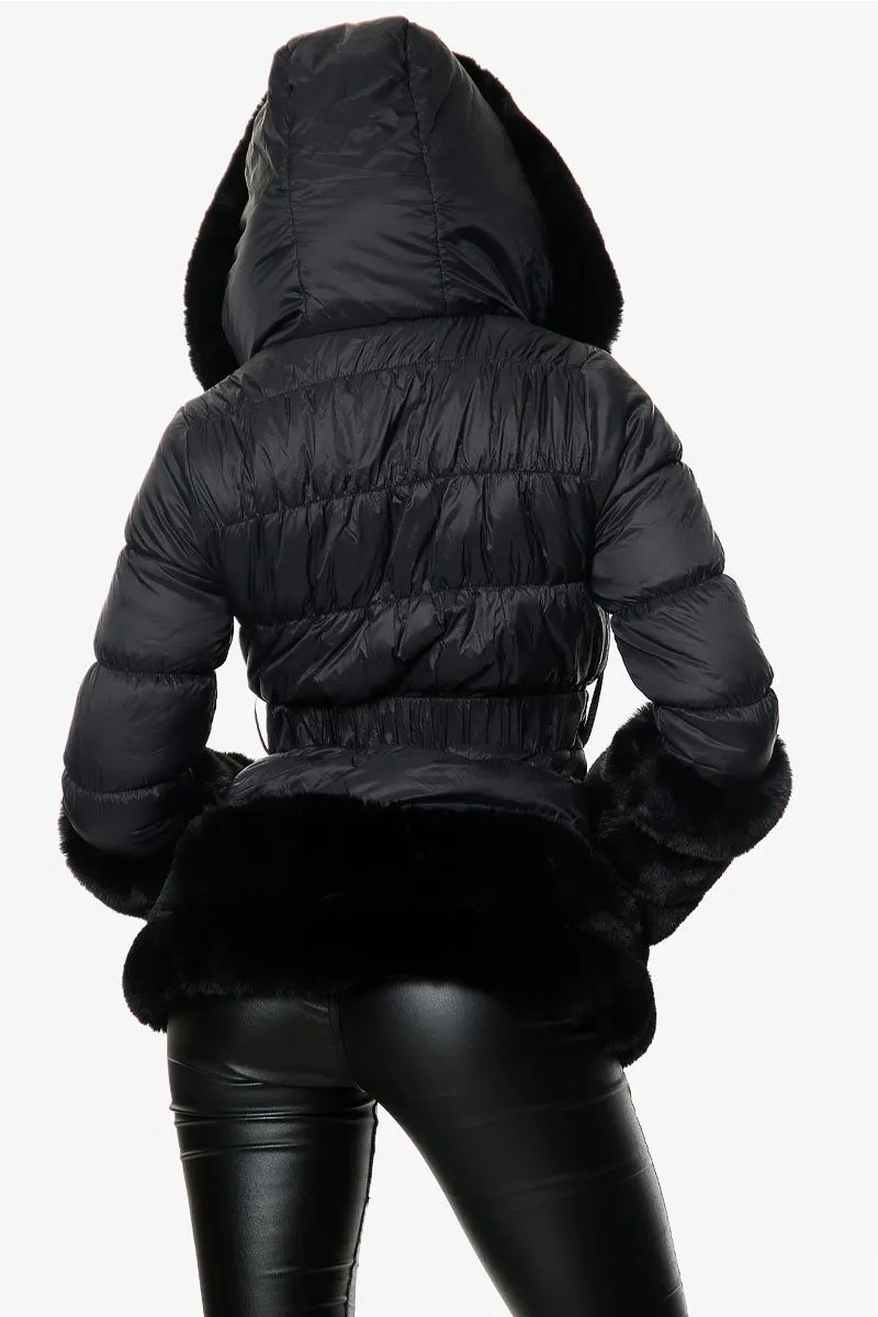 Three Row Fur Trim Black Hooded Coat