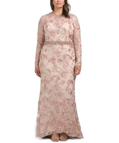 Tj Maxx Long Sleeve Floral Embroidered Gown With Rhinestone Detail For Women