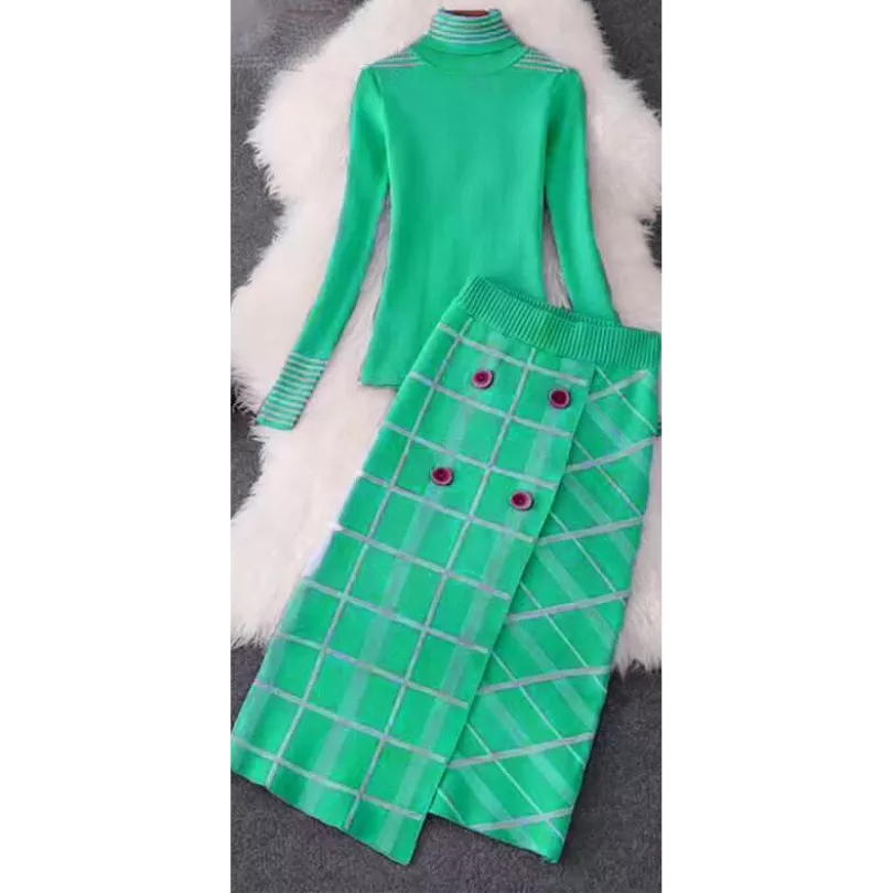 Turtleneck Top and Button Skirt Set