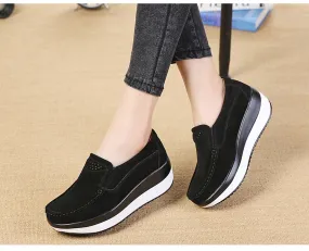 Women's Autumn Black Genuine Leather Handmade Loafers Round Toe Shoes