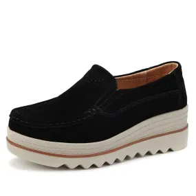 Women's Black Genuine Leather Round Toe Slip-on Platform Moccasins