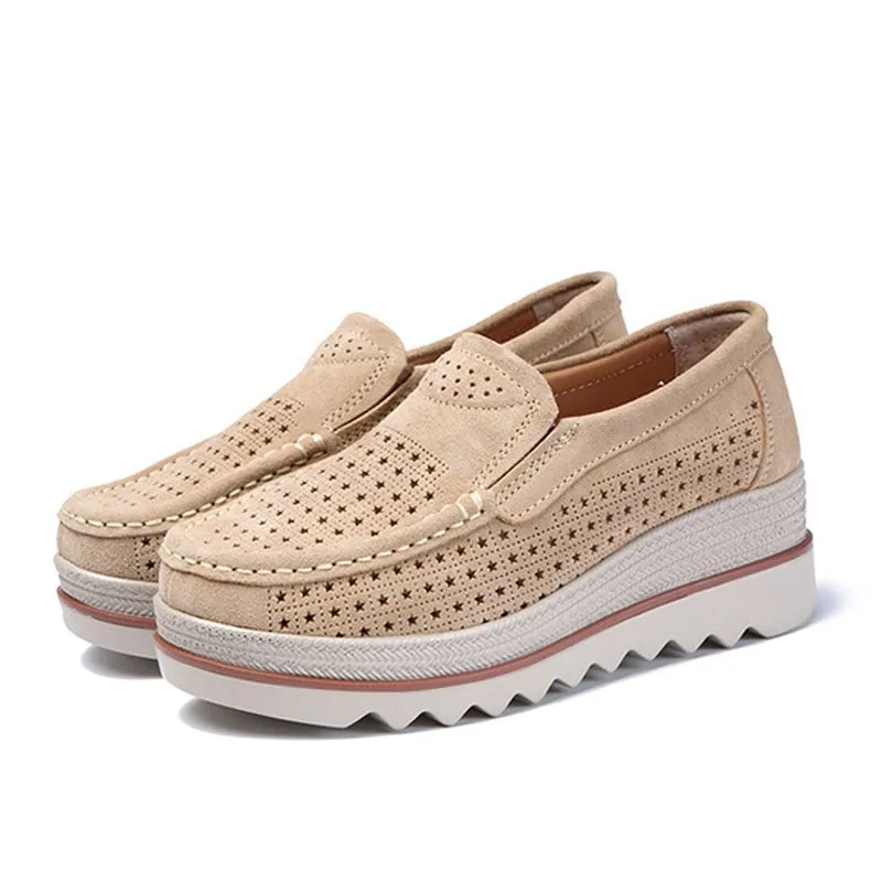 Women's Casual Concise Hollow Beige Round Toe Slip-on Platform Shoes