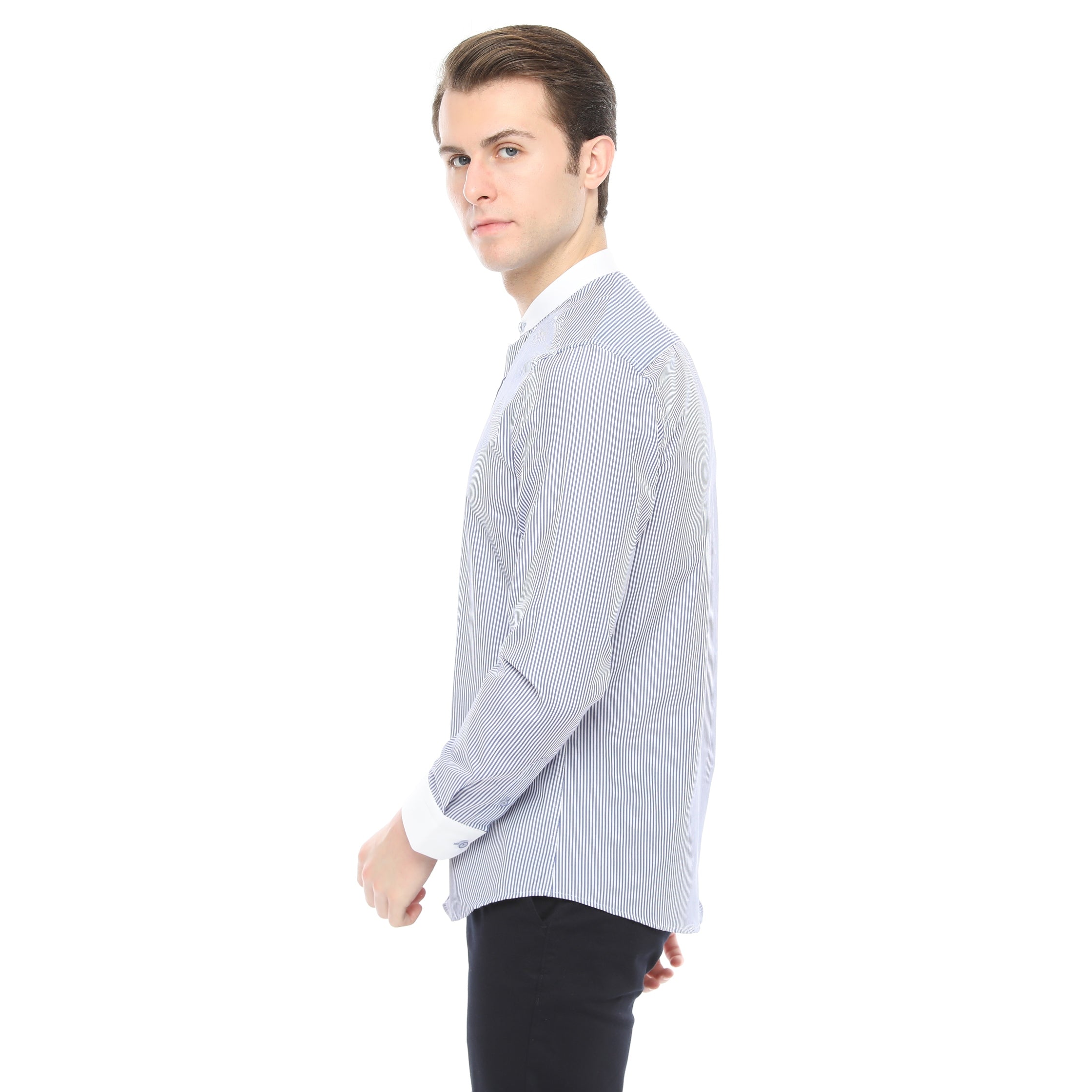 Xact Mens White Collar Striped Grandad Shirt - Long Sleeved