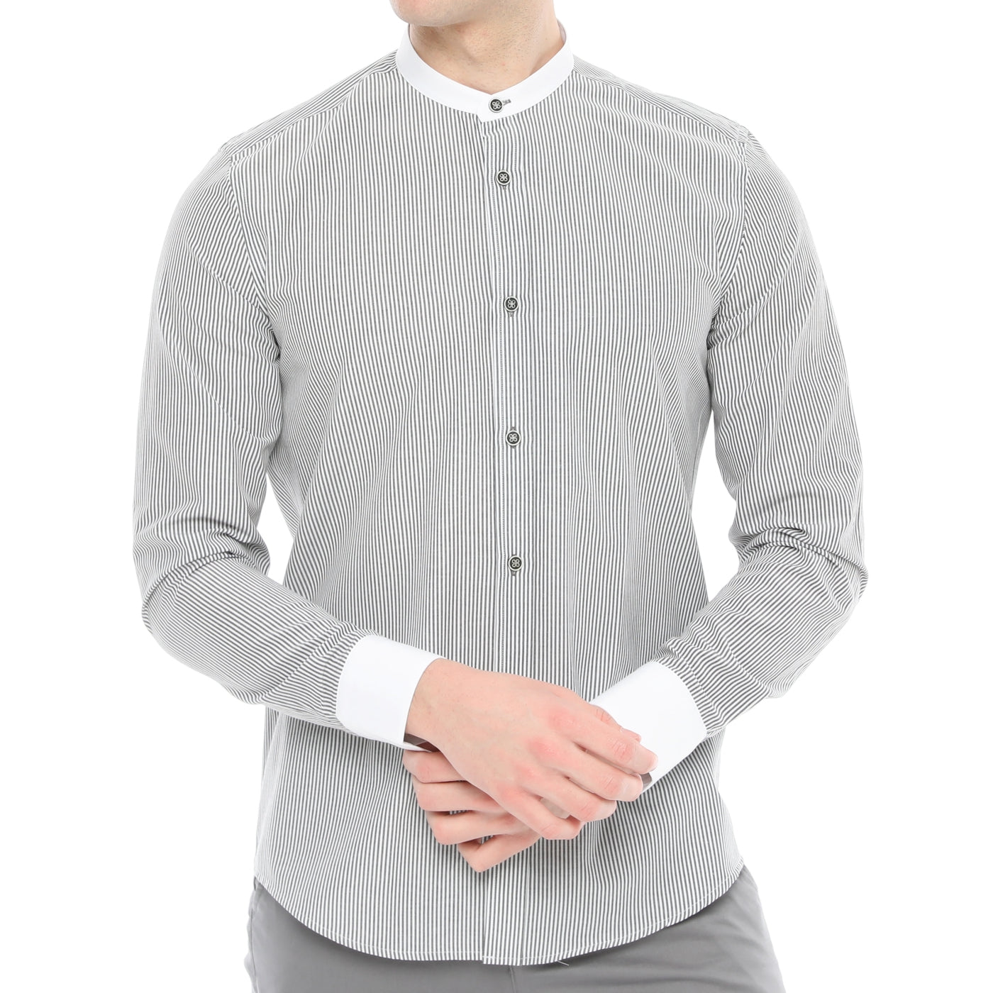 Xact Mens White Collar Striped Grandad Shirt - Long Sleeved