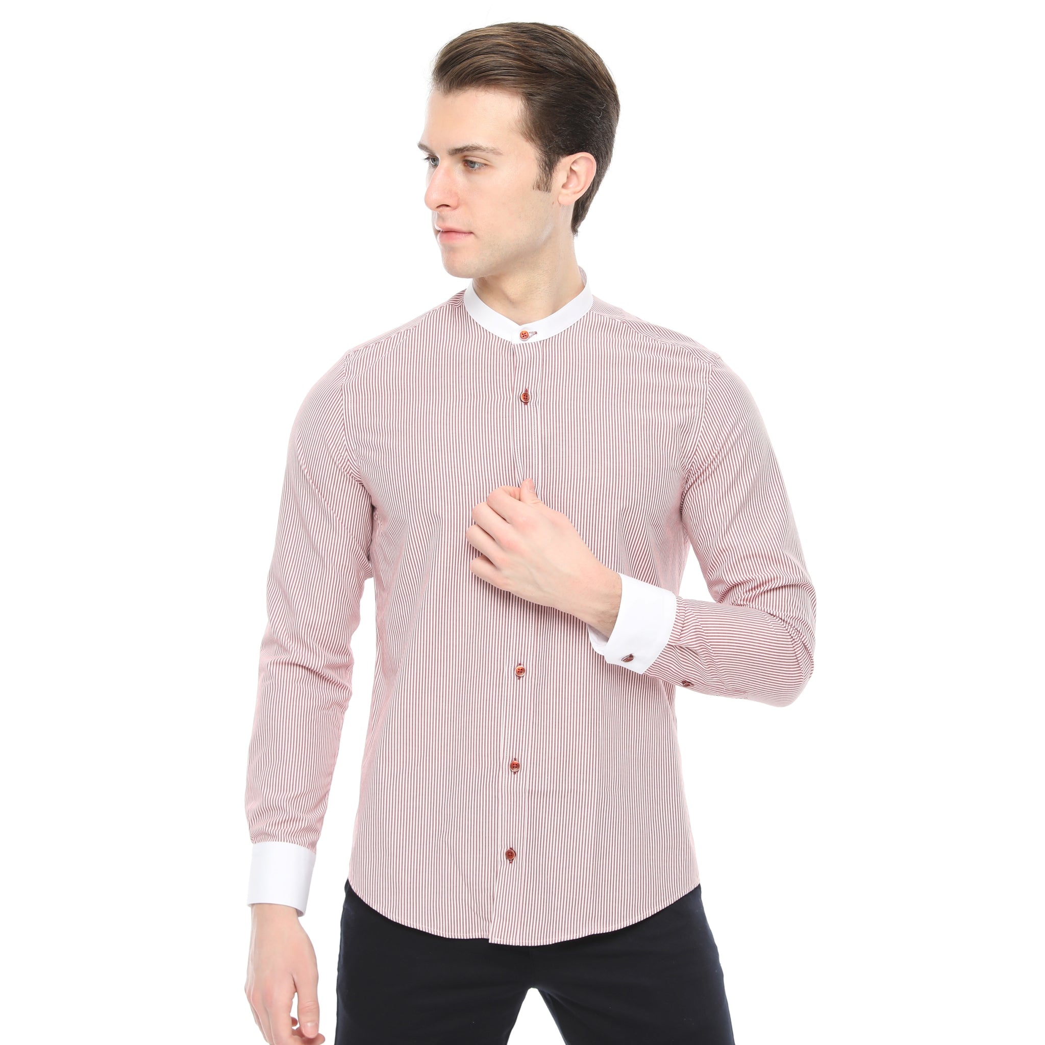 Xact Mens White Collar Striped Grandad Shirt - Long Sleeved