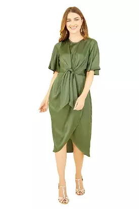 Yumi Green Satin Tie Detail Midi Dress